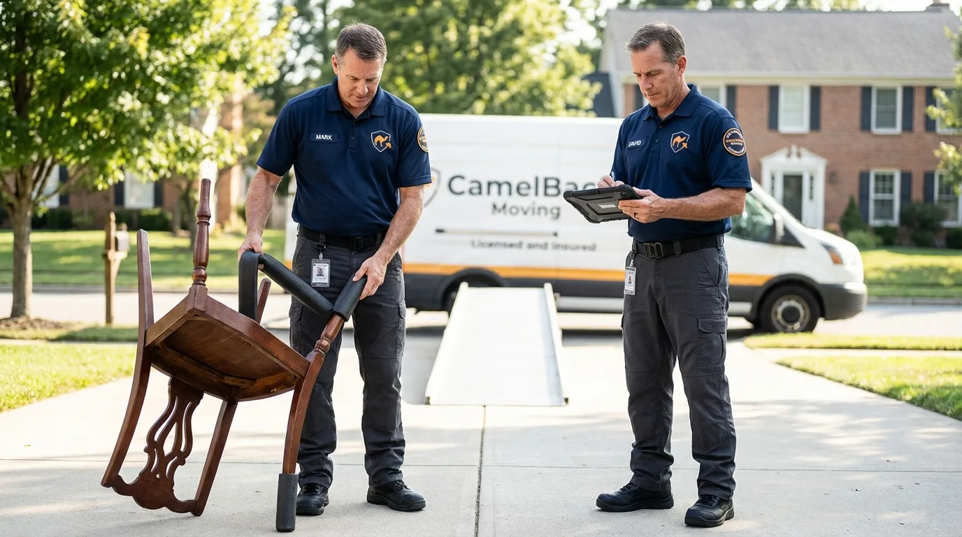 Movers inspecting furniture for damage prevention before loading in Hillsville, VA